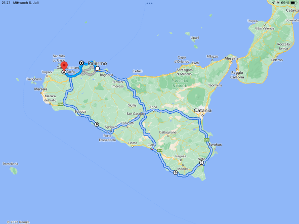 Google Maps Screenshot von Sizilien unserer Rundreise Route Palermo - Montallegro - Noto - Donnalucata