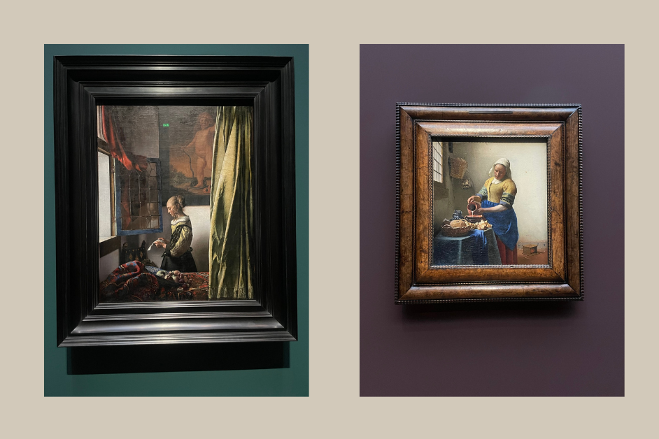 2 Fotos von 2 Gemälden von Jan Vermeer, links die Briefleserin am Fenster und rechs die Milchmagd bei ihrer Arbeit am Tisch