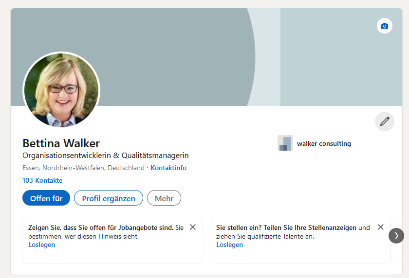 LinkedIn Profil Bettina Walker Januar 2023 nur mit Profilbild ohne Profilslogan und keine Hintergrundbilder